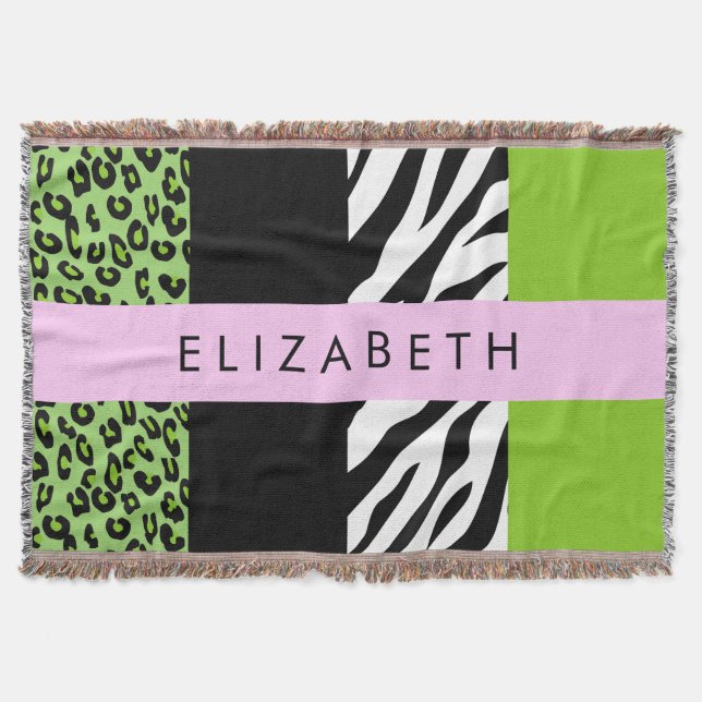 Leopard Print, Zebra Print, Green, Your Name Throw Blanket (Front)