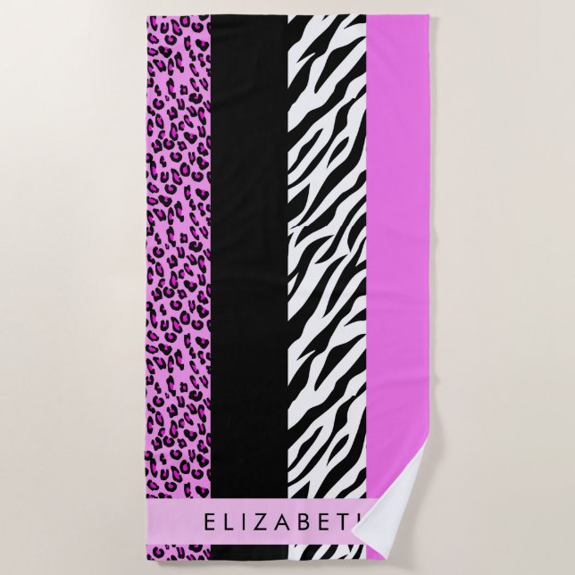 Leopard Print, Zebra Print, Pink, Your Name Beach Towel (Front)