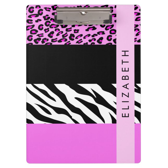 Leopard Print, Zebra Print, Pink, Your Name Clipboard (Front)