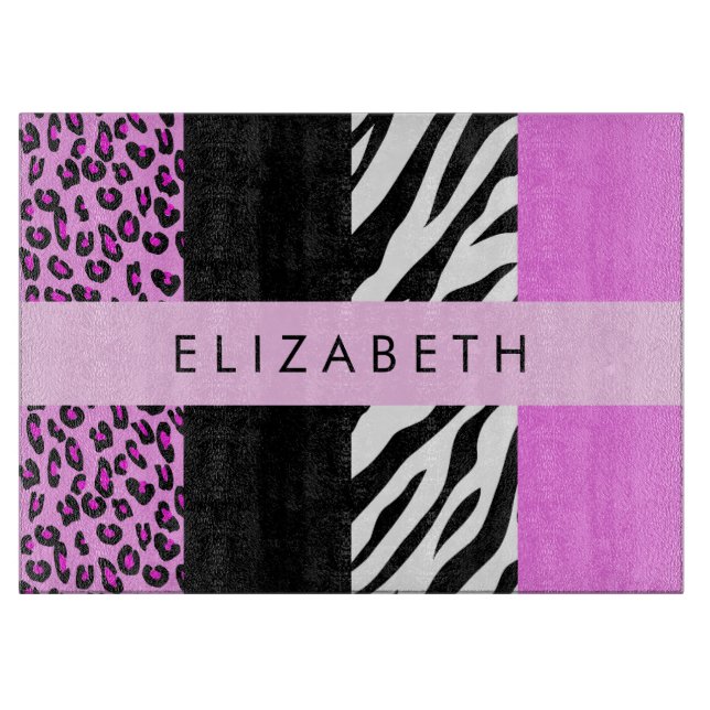 Leopard Print, Zebra Print, Pink, Your Name Cutting Board (Front)