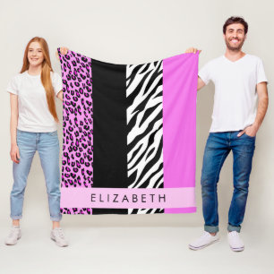 Leopard Print, Zebra Print, Pink, Your Name Fleece Blanket