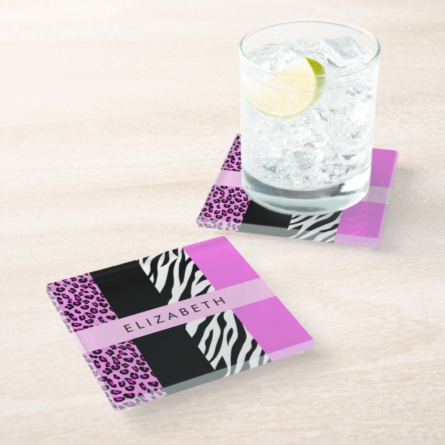 Leopard Print, Zebra Print, Pink, Your Name Glass Coaster (Angled)