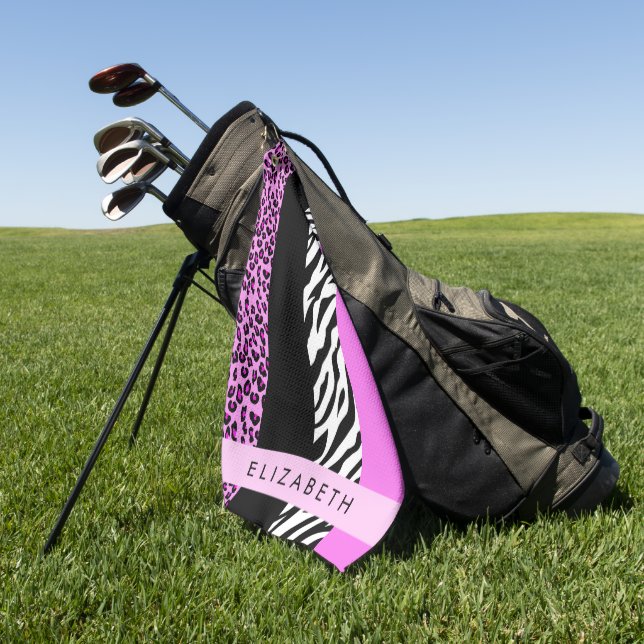 Leopard Print, Zebra Print, Pink, Your Name Golf Towel (Green)