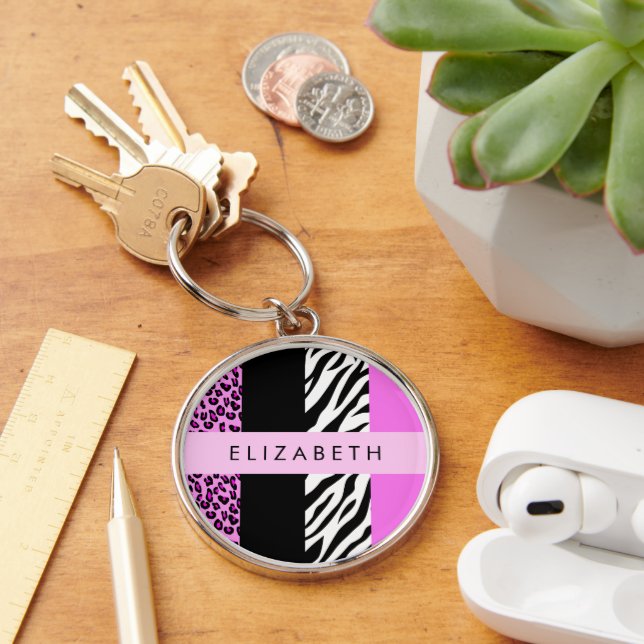 Leopard Print, Zebra Print, Pink, Your Name Key Ring (Desk)