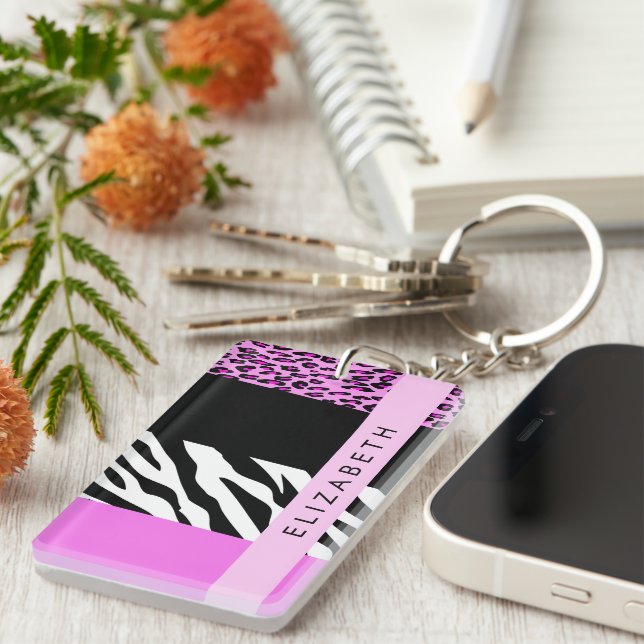 Leopard Print, Zebra Print, Pink, Your Name Key Ring (Front Right)