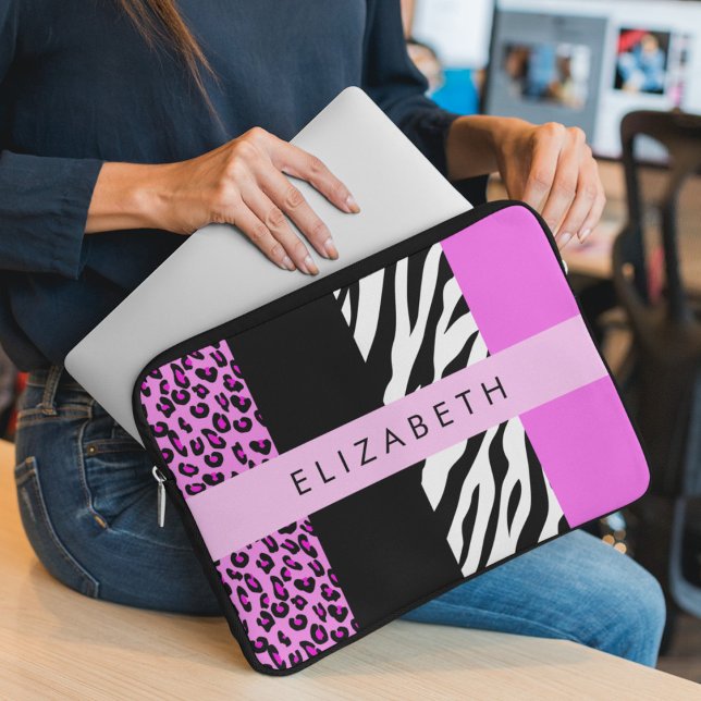 Leopard Print, Zebra Print, Pink, Your Name Laptop Sleeve (Creator Uploaded)