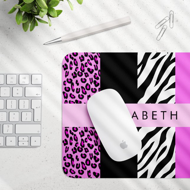 Leopard Print, Zebra Print, Pink, Your Name Mouse Pad (Creator Uploaded)
