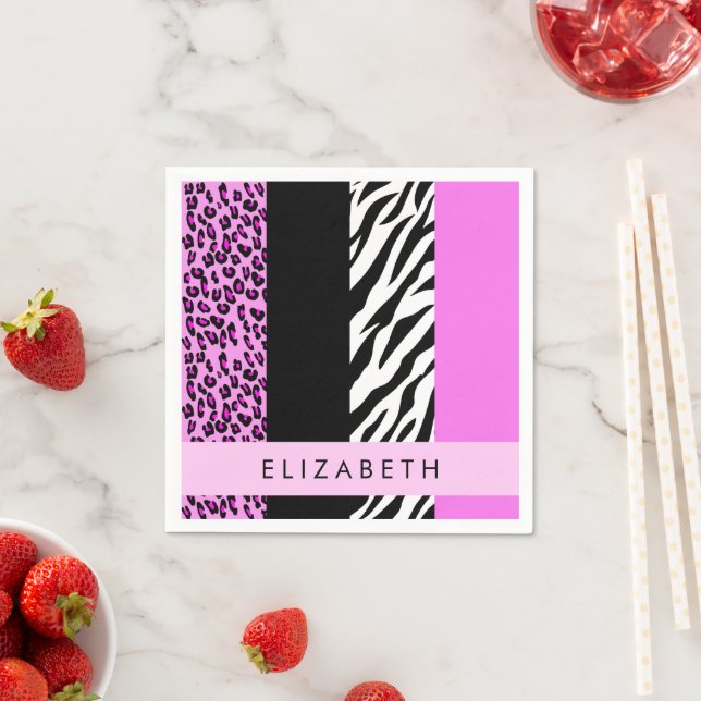 Leopard Print, Zebra Print, Pink, Your Name Napkin (Insitu)