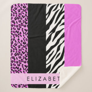 Leopard Print, Zebra Print, Pink, Your Name Sherpa Blanket