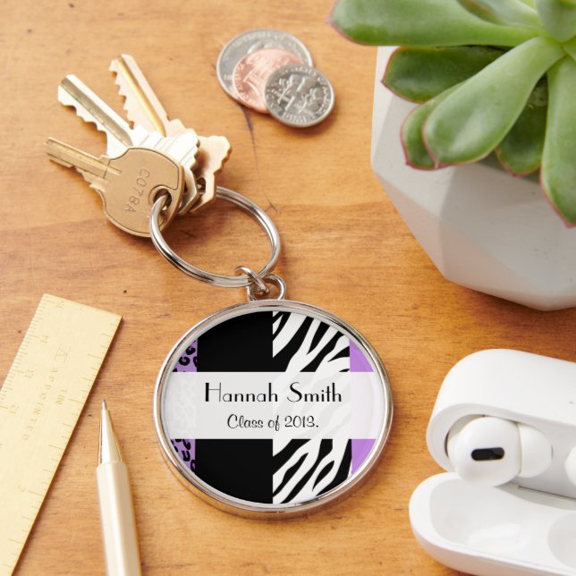 Leopard Print, Zebra Print, Purple, Graduation Key Ring (Desk)