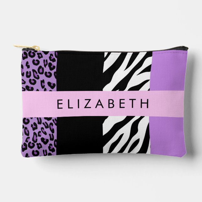 Leopard Print, Zebra Print, Purple, Your Name Accessory Pouch (Front)