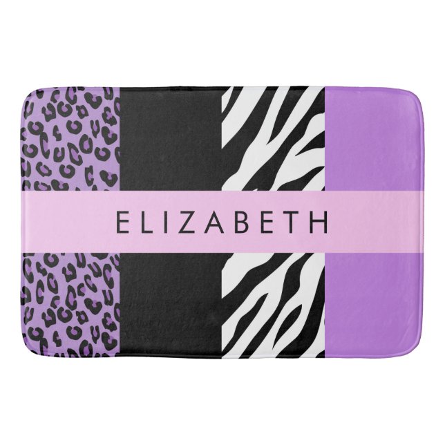 Leopard Print, Zebra Print, Purple, Your Name Bath Mat (Front)
