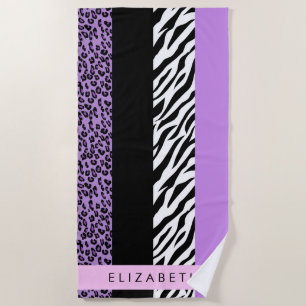 Leopard Print, Zebra Print, Purple, Your Name Beach Towel