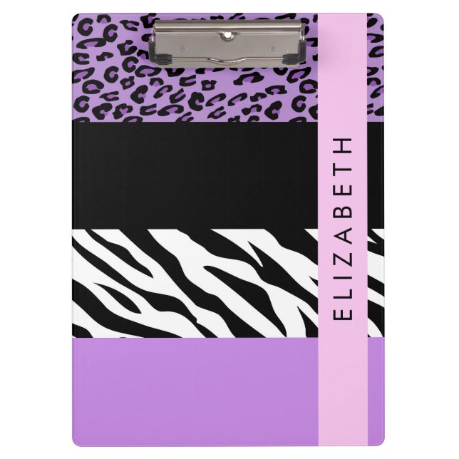 Leopard Print, Zebra Print, Purple, Your Name Clipboard (Front)