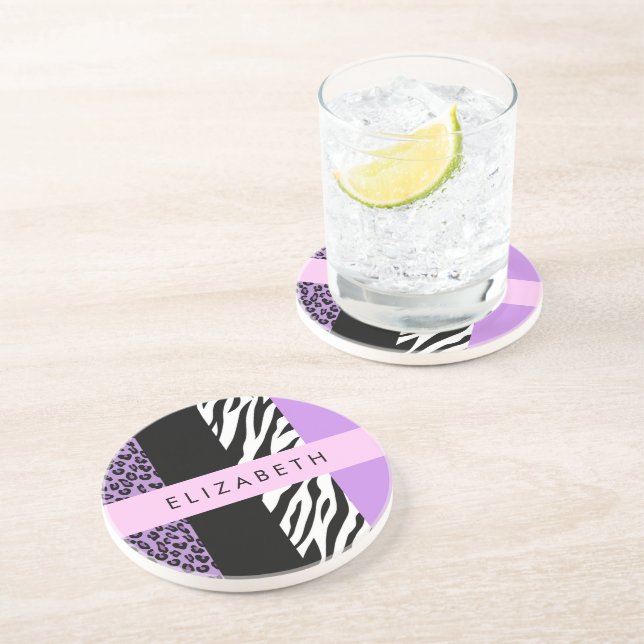 Leopard Print, Zebra Print, Purple, Your Name Coaster (Side)