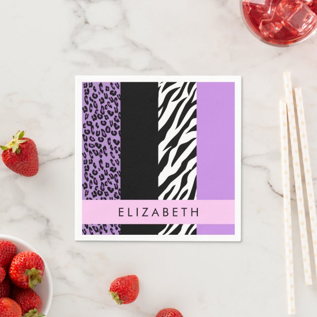 Leopard Print, Zebra Print, Purple, Your Name Napkin (Insitu)