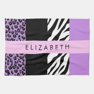 Leopard Print, Zebra Print, Purple, Your Name Tea Towel