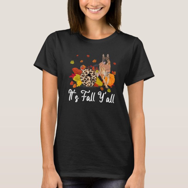 Leopard Pumpkin It's Fall Y'all Yellow German Shep T-Shirt (Front)