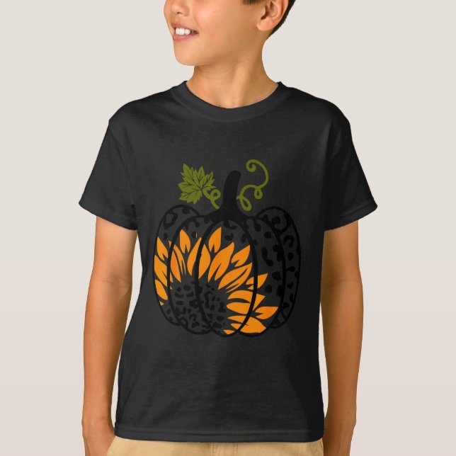 Leopard Pumpkin Sunflower Fall Autumn Halloween Th T-Shirt (Front)