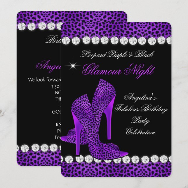 Leopard Purple Black Glamour Night Glitter Shoes Invitation (Front/Back)