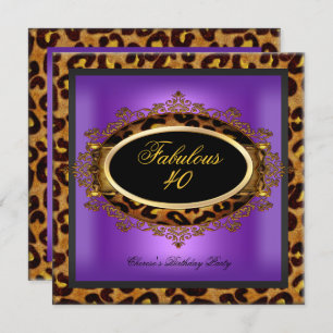 Leopard Purple Gold Black Birthday Fabulous 40 Invitation