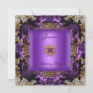 Leopard Purple Gold Black Birthday Party Floral Invitation