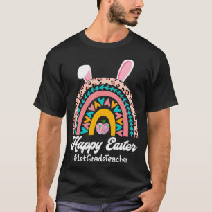 Leopard Rainbow 1st Grade Teacher Bunny Ear Funny T-Shirt