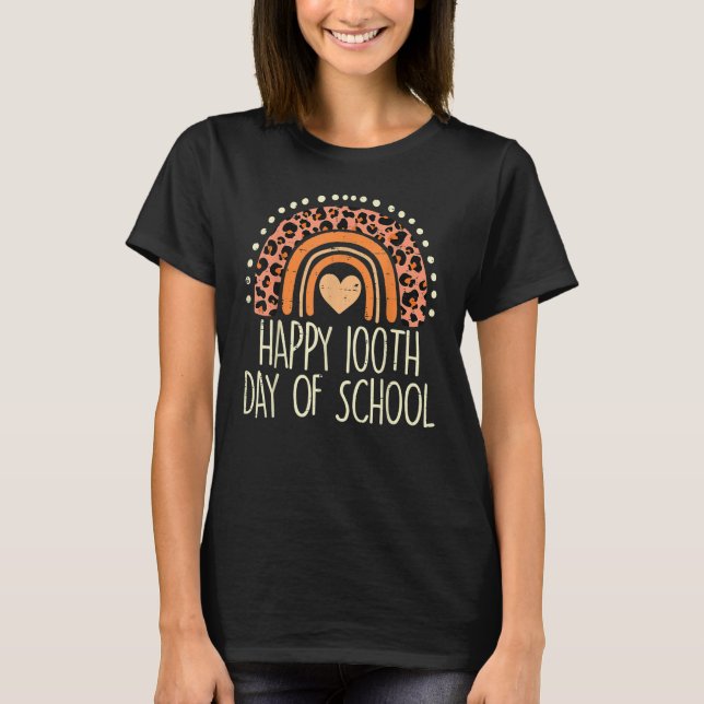 Leopard Rainbow Happy 100th Day School Cute 100 Da T-Shirt (Front)