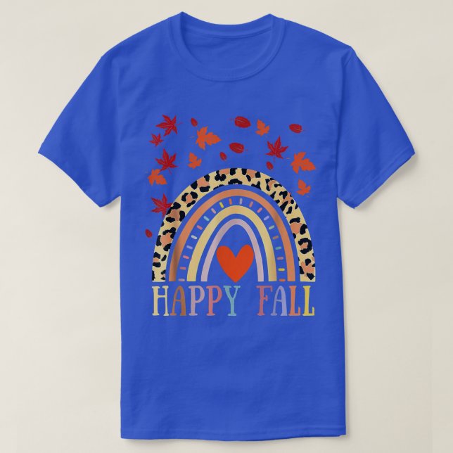 Leopard Rainbow Peace Heart Happy Fall Maple Leave T-Shirt (Design Front)