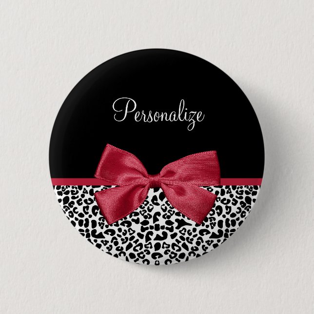 Leopard Red Bow Name 6 Cm Round Badge (Front)