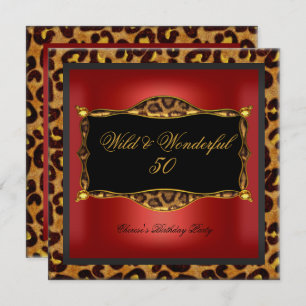 Leopard Red Gold Black Birthday Party Wild 50 Invitation