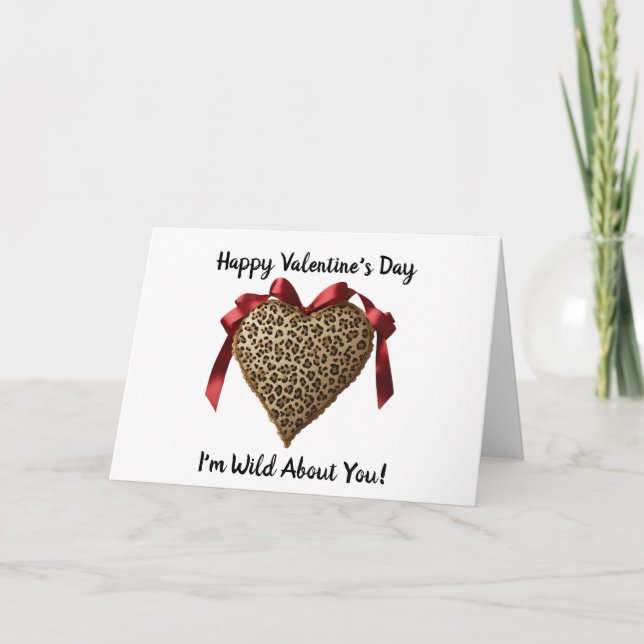 Leopard Red Ribbon Valentine's Day Heart Card (Front)