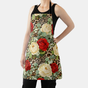 Leopard & Red Rose Pattern - Chic Floral Animal Apron