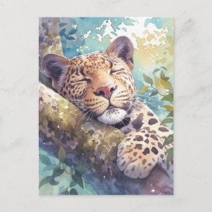 Leopard Resting on Tree Branch in Sunlit Forest Postcard