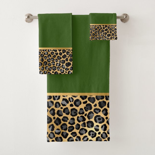 LEOPARD RICH GREEN GOLD BATHROOM TOWEL SET (Insitu)