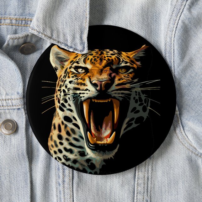 Leopard roaring attack head 6 cm round badge (In Situ)