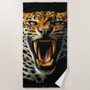 Leopard roaring attack head beach towel