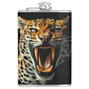 Leopard roaring attack head hip flask