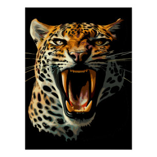 Leopard roaring attack head poster
