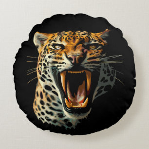 Leopard roaring attack head round cushion