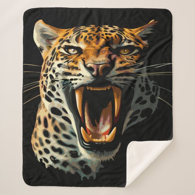 Leopard roaring attack head sherpa blanket (Front)