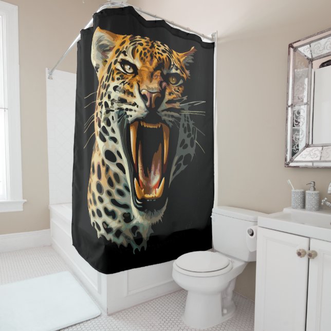 Leopard roaring attack head shower curtain (In Situ)
