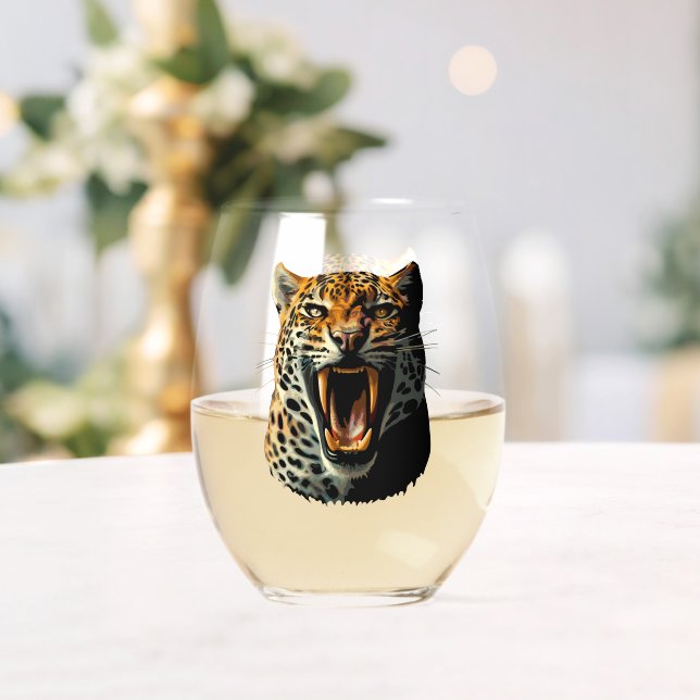Leopard roaring attack head stemless wine glass (Insitu (Wedding))
