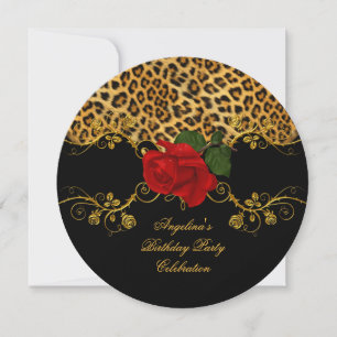 Leopard Roses Red Black Gold Birthday Party 2 Invitation
