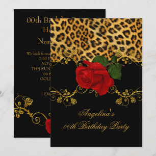 Leopard Roses Red Black Gold Birthday Party 2 Invitation