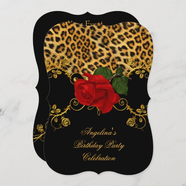 Leopard Roses Red Black Gold Birthday Party 2 Invitation (Front/Back)