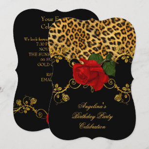 Leopard Roses Red Black Gold Birthday Party 2 Invitation