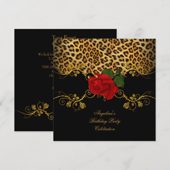 Leopard Roses Red Black Gold Birthday Party Invitation (Front/Back)