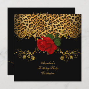 Leopard Roses Red Black Gold Birthday Party Invitation