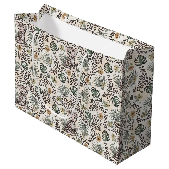 Leopard Safari Kids Floral Jungle Pattern Large Gift Bag (Front Angled)
